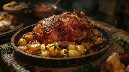 Rustic platter of roasted pig served with golden potatoes and herbs showcasing traditional culinary heritage and festive dining atmosphere