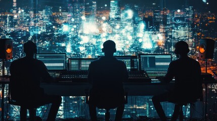 Poster - Three individuals working at a sound studio with a city skyline backdrop.