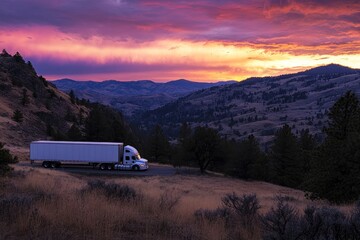 Poster - A truck parked on a scenic road with a vibrant sunset over rolling hills.