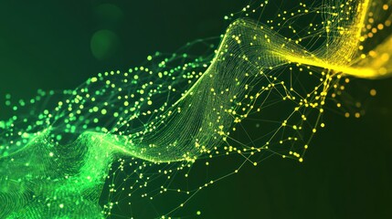 Fototapete - Abstract digital wave with glowing particles in green and yellow hues.