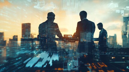 Fototapete - Silhouetted figures in business attire overlook a cityscape with digital overlays.