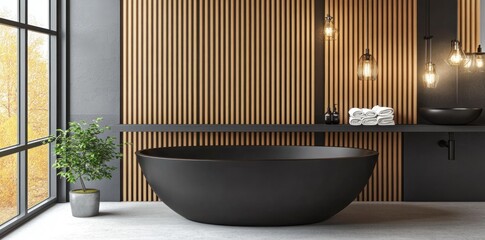 Aufkleber - Modern bathroom featuring a sleek black bathtub and wooden accent wall with decorative elements.