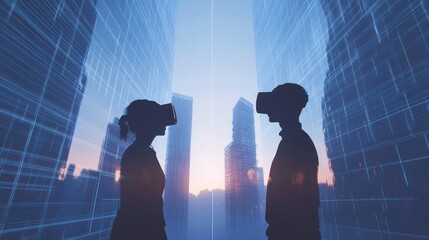 Aufkleber - Two individuals wearing VR headsets, silhouetted against a digital cityscape.