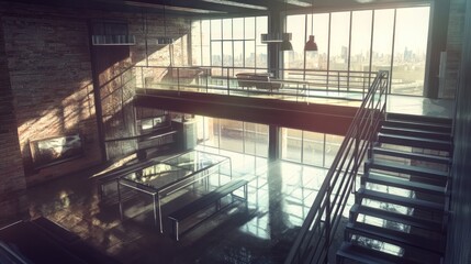 Poster - Modern interior of a spacious, light-filled loft with industrial design elements.
