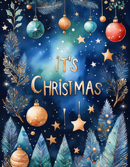 Wall Mural - A festive Christmas card with ornaments, stars, and the message 