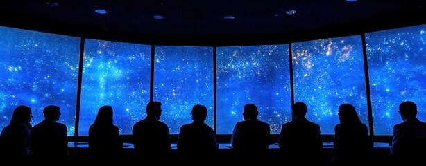 Poster - Silhouetted figures observing a starry, cosmic display on large screens.