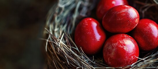 Red painted Easter eggs nestled in a natural nest with selective focus enhancing the vibrant colors and organic textures of spring decoration