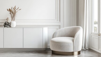 Poster - A modern, minimalist interior featuring a stylish chair and elegant decor.