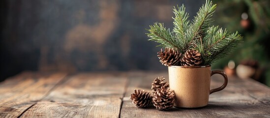 Sticker - Rustic table setting with live pine tree in a mug pine cones and wooden decorations highlighting sustainable zero waste design concept