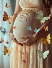 Wall Mural - Pregnant belly surrounded by pastel butterflies in soft indoor light. Generative AI