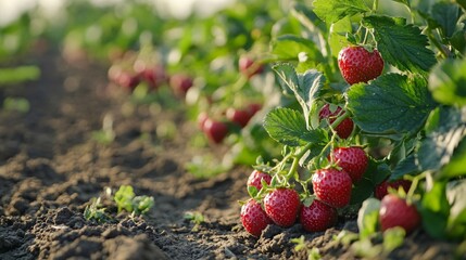 Poster - Ripe red strawberries growing in a field on sunny day