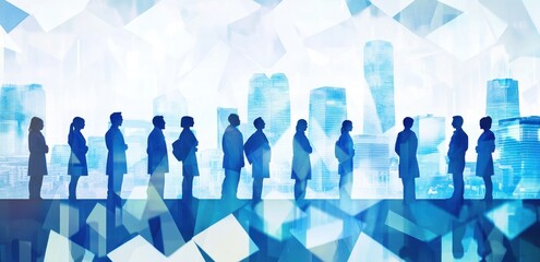 Poster - Silhouettes of people against a blue abstract background, symbolizing collaboration and diversity.