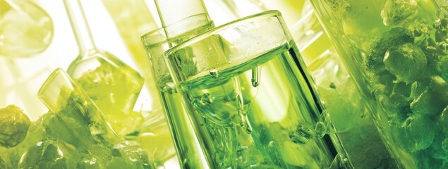 Poster - A collection of glassware filled with green liquids, suggesting a scientific or experimental theme.