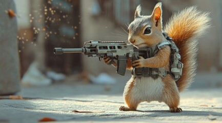 Poster - A cartoonish squirrel dressed in tactical gear, wielding a rifle in an urban setting.
