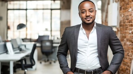 Fototapete - A confident man in a suit stands in a modern office setting, exuding professionalism.