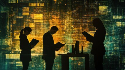 Aufkleber - Silhouetted figures reading in a digital environment, symbolizing knowledge and technology.