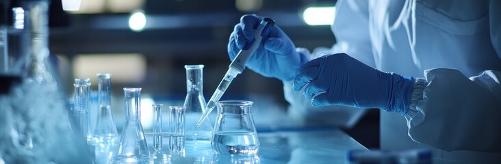 Poster - A scientist in a lab using a pipette to transfer liquid between glassware.