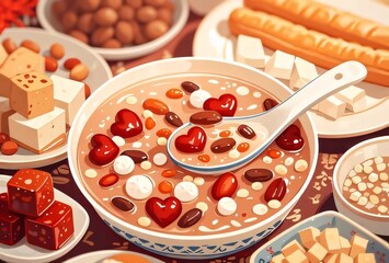 Wall Mural - Sweet rice porridge with heart-shaped ingredients served in a bowl, surrounded by various traditional snacks.