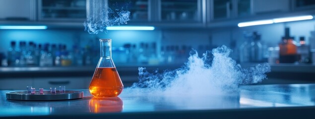 Poster - A laboratory scene featuring a glowing flask with orange liquid and vapor.