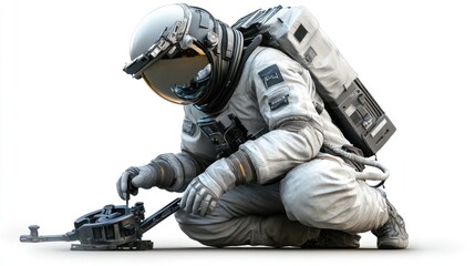 Poster - An astronaut kneeling and examining a device on a celestial surface.