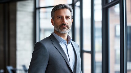 Fototapete - A confident man in a suit stands by large windows in a modern office setting.