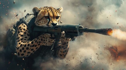 Poster - A cheetah in military gear aiming a firearm amidst explosions and smoke.