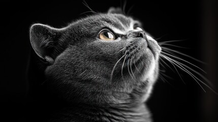 Poster - A close-up of a gray cat gazing upward, highlighting its features against a dark background.