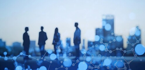 Fototapete - Silhouetted figures against a cityscape, with a digital overlay suggesting connectivity.