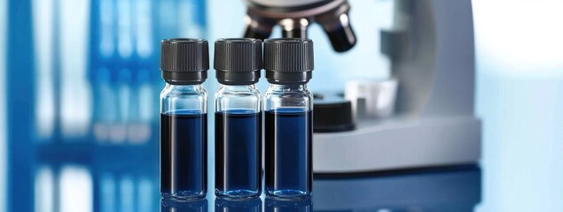 Aufkleber - Three vials of blue liquid in front of a microscope, suggesting scientific research.