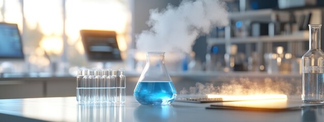 Poster - A laboratory scene featuring a blue liquid in a flask with steam, indicating a scientific experiment.