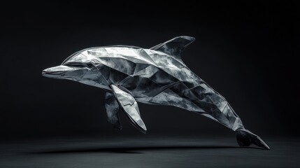 Fototapete - A stylized, geometric origami dolphin sculpture in a dark background.