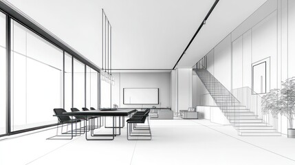 Poster - Modern office interior featuring a conference table, chairs, and an elegant staircase.