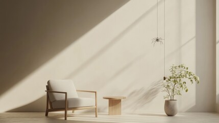 Aufkleber - A minimalist interior featuring a chair, side table, and potted plant with natural light.
