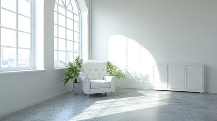 Aufkleber - A minimalistic room featuring a white armchair and plants, emphasizing tranquility and space.