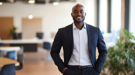 Aufkleber - A professional man in a suit stands confidently in a modern office environment.