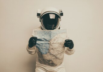 Poster - An astronaut in a spacesuit examines a map, suggesting exploration or navigation in space.