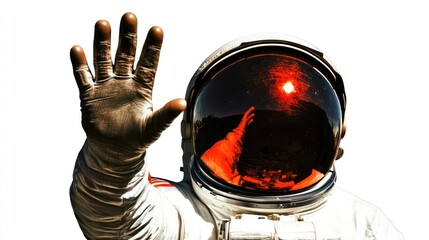 Poster - An astronaut in a spacesuit waves, reflecting the sun in the visor.