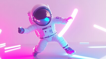 Leinwandbilder - A vibrant astronaut figure in a dynamic pose surrounded by glowing neon lights.