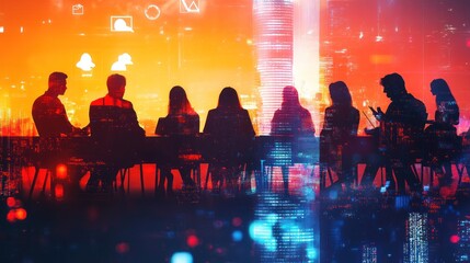 Fototapete - Silhouetted figures in a meeting against a vibrant, digital cityscape background.