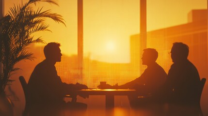 Fototapete - Silhouetted figures in a meeting against a sunset backdrop.