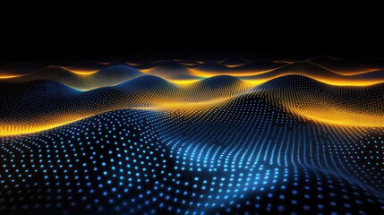 Aufkleber - Abstract digital landscape with glowing blue and orange waves, representing data visualization.