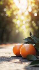 Poster - Two ripe oranges lying on the ground in the sunshine in an orange grove