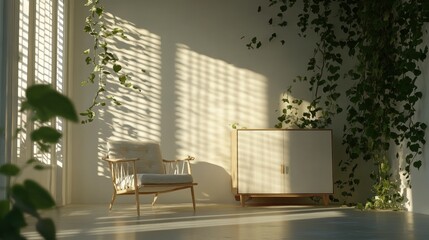 Aufkleber - A serene interior featuring a chair, cabinet, and lush greenery with soft light patterns.