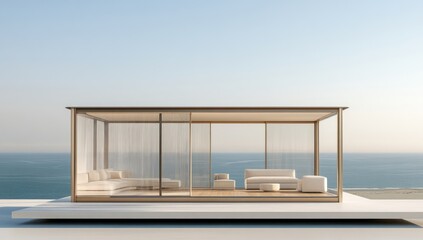 Aufkleber - Modern glass house overlooking the ocean, emphasizing minimalism and open space.
