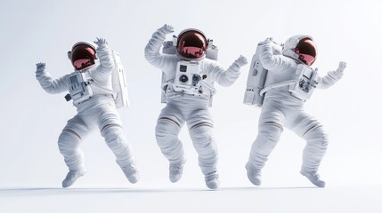 Poster - Three astronauts in white suits joyfully floating in a zero-gravity environment.