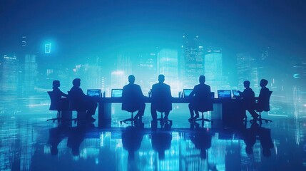 Fototapete - A silhouetted boardroom meeting against a futuristic cityscape backdrop.