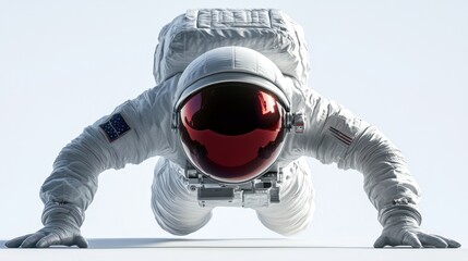 Poster - An astronaut in a space suit, positioned in a push-up stance against a light background.
