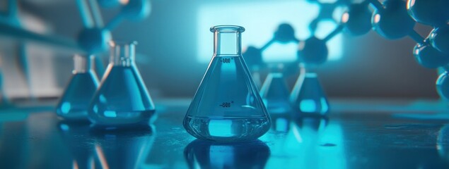 Aufkleber - A laboratory scene featuring blue liquids in flasks, highlighting scientific exploration.