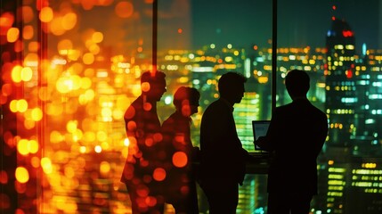 Fototapete - Silhouettes of professionals discussing work against a city skyline at night.