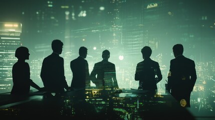 Fototapete - Silhouetted figures in a business meeting against a city skyline backdrop.